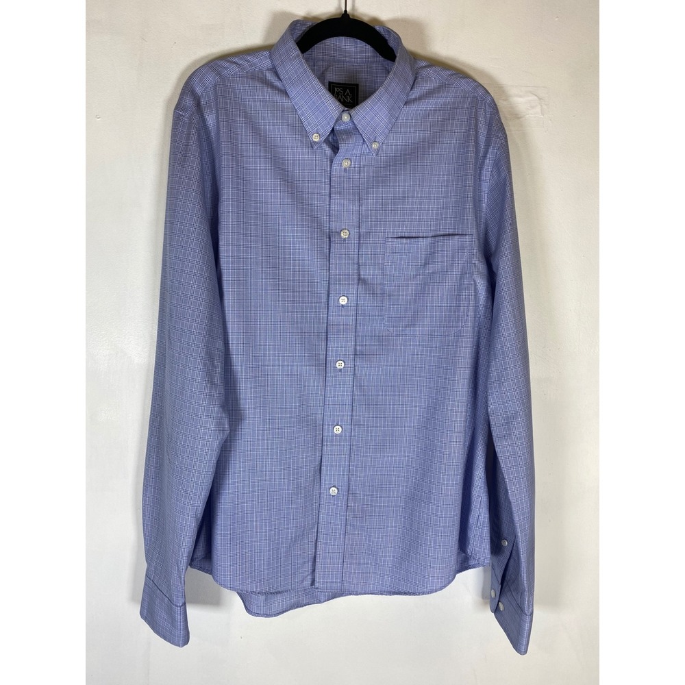 Jos A. Bank Traveler Slim Fit L Blue White Glen Plaid Button Shirt 100% Cotton